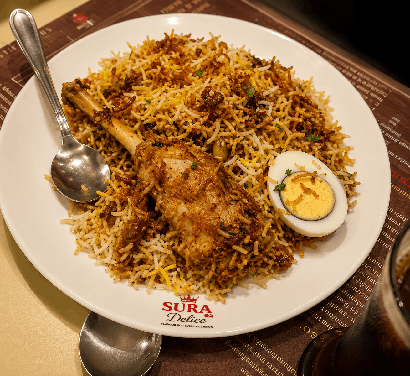 Mutton biryani served with raita and salan at Sura Delice